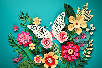 turquoise Paper flowers and butterfly on a beige background. papercraft. Selective focus.