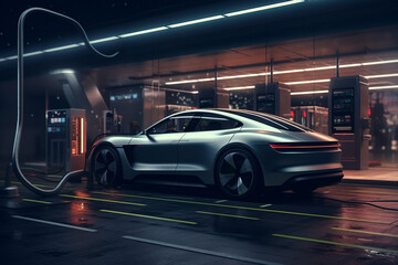 Futuristic electric car parked in a modern, underground, and futuristic parking facility. Ai generated