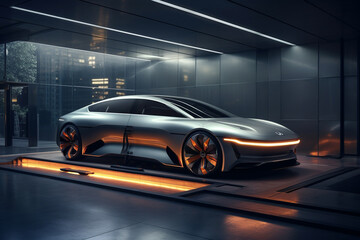 Plakat Futuristic electric car parked in a modern, underground, and futuristic parking facility. Ai generated