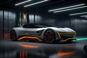 Obraz premium Futuristic electric car parked in a modern, underground, and futuristic parking facility. Ai generated