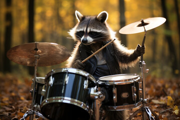 Fototapeta na wymiar racoon playing the drums. ai generative
