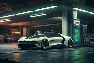 Obraz na płótnie Canvas Futuristic electric car parked in a modern, underground, and futuristic parking facility. Ai generated