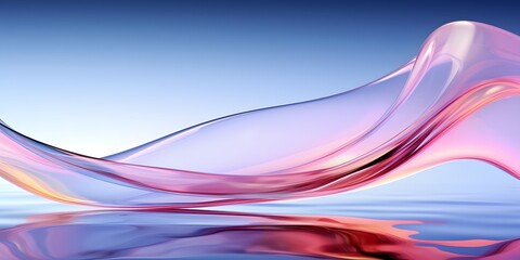 Glass ribbon on water. Holographic shape in motion. Iridescent gradient digital art for banner background, wallpaper. Transparent glossy design element flying in seascape, AI generative