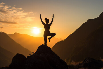 Illustration depicting a woman gracefully practicing yoga on a majestic mountain at sunset. Woman asana position on a mountain top. Ai generated