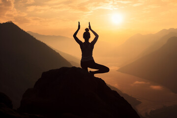 Illustration depicting a woman gracefully practicing yoga on a majestic mountain at sunset. Woman asana position on a mountain top. Ai generated