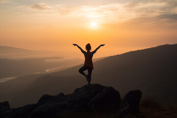 Fototapeta na wymiar Illustration depicting a woman gracefully practicing yoga on a majestic mountain at sunset. Woman asana position on a mountain top. Ai generated