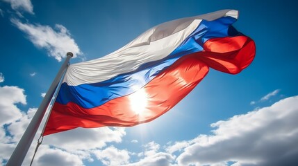 Russian flag waving in the wind on blue sky background with sun flare. Big Flag of the Russian Federation on a sunny beautiful bright summer day. Russia flag waving in the wind. .