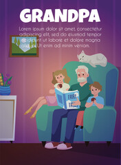Poster or vertical banner with grandpa sitting in large armchair and reading fairy tale