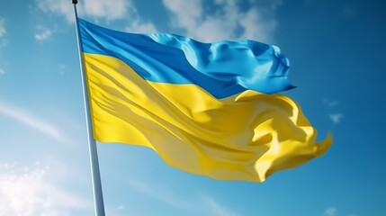 Ukrainian flag waving in the wind on blue sky background with sun flare. Big Flag of Ukraine on a sunny beautiful bright summer day. Ukrainian flag waving in the wind. .