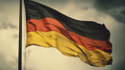 German flag waving in the wind on blue sky background with sun flare. Big Flag of Germany on a sunny beautiful bright summer day. German flag waving in the wind. .