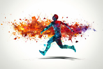 Plakat Running man silhouette crafted entirely from vibrant and colorful triangles and a splash of colors, creating a dynamic prism effect against a clean white background. Ai generated