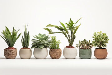 Collection of beautiful plants in ceramic pots isolated 