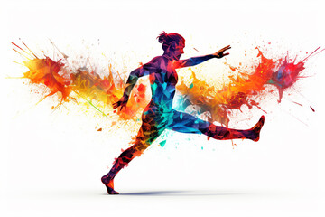 Obraz na płótnie Canvas Running man silhouette crafted entirely from vibrant and colorful triangles and a splash of colors, creating a dynamic prism effect against a clean white background. Ai generated