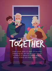 Grandparents and grandchildren spend time together, warm family hugs, cartoon vector happy grandparents day poster