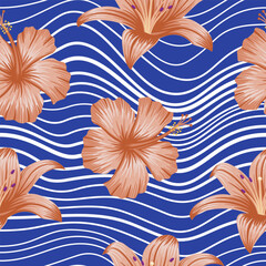 Floral seamless pattern with wavy lined shapes. tropical background