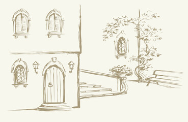 Vector Sketch. A comfortable bench in an old quiet courtyard