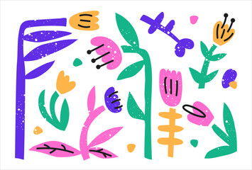 A set of abstract colors. Bright modern illustrations on a white background. Children's drawing of flowering plants