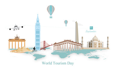 World Tourism Day.27 September.important monuments on a world map and white background.
