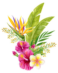 Tropical bouquet. Hand drawn watercolor painting with hibiscus flowers, strelitzia, frangipani and palm leaves isolated on white background. Floral summer composition.