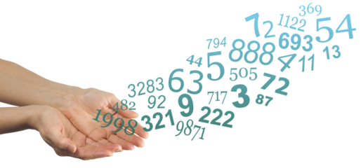 Open palm mature female cupped hands of a numerologist sending a stream of jade green turquoise random numbers upwards transparent png file