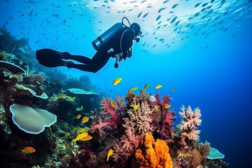 Naklejka na ściany i meble Scuba diving man exploring a breathtaking coral reef teeming with vibrant marine life, offering a captivating glimpse into the rich biodiversity and beauty of the ocean. Ai generated