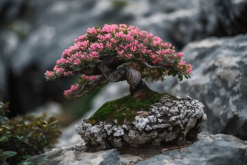 Bonsai Tree With Pink Flowers Growing out of a Rock. Generative AI
