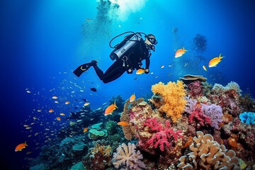 Scuba diving man exploring a breathtaking coral reef teeming with vibrant marine life, offering a captivating glimpse into the rich biodiversity and beauty of the ocean. Ai generated