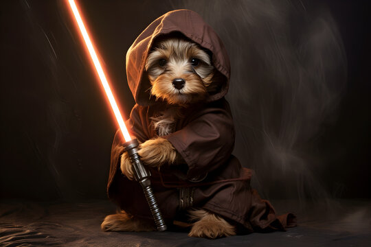 portrait of puppy jedi with lightsaber