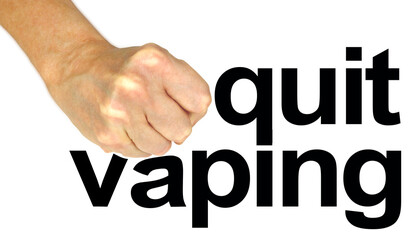 Quit vaping for your health's sake - Clenched fist smashing down on the word VAPING next to the...