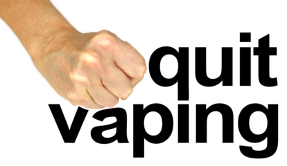 Quit vaping for your health's sake - Clenched fist smashing down on the word VAPING next to the word QUIT a transparent png file