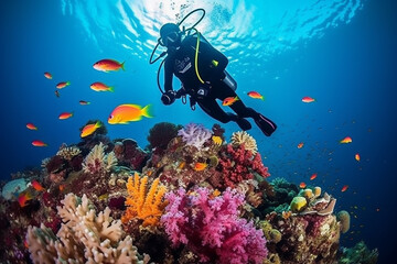 Naklejka na ściany i meble Scuba diving man exploring a breathtaking coral reef teeming with vibrant marine life, offering a captivating glimpse into the rich biodiversity and beauty of the ocean. Ai generated