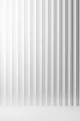 White abstract background of vertical striped rippled gradient light pattern, perspective, floor, stage mockup for presentation cosmetic products, goods, advertising, design, modern purity calm style.