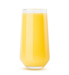 Yellow orange juice in glass isolated on white background. Fresh summer healthy citrus beverage for advertise, poster, card, design.