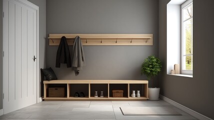 Stylish interior of a hallway in a country house. Gray walls, wall hangers, shoe cabinets, plant in a floor pot, rug on the floor, home decor. Modern cozy interior. Mockup, 3D rendering.