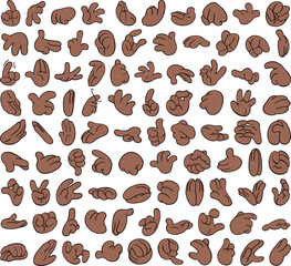 Big set of black cartoon hands in various gestures. Pack number 1.