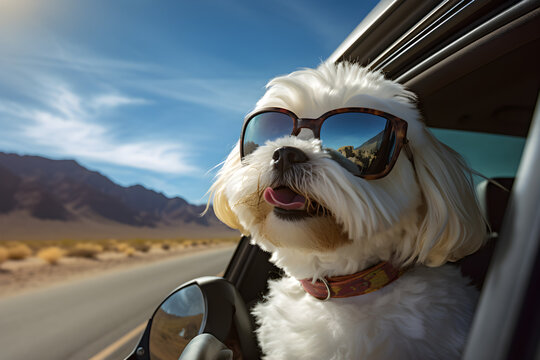 road trip dog in sunglasses with head out car window