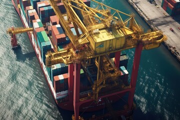 Fototapeta na wymiar Aerial close up view of a cargo container ship at the pier of cargo seaport. Port cranes stack containers onboard a vessel. Global freight transportation and logistics concept. 3D illustration.