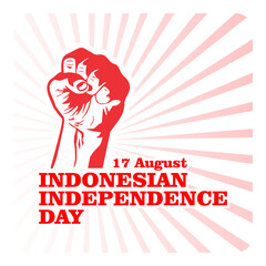 Indonesia independence day banner with fist in air hold indonesian flag concept on gleam background. Dirgahayu means long live the Republic of Indonesia. Vector Illustration.
