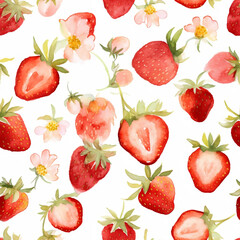 Seamless pattern watercolor illustration: strawberry berries and flowers. Summer watercolor sketch of berries. AI.