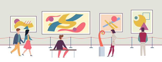 Museum. Art gallery. Visitors of modern exhibition, tourists looking at pictures. Men and women enjoy watching contemporary artworks. People on excursion. Cartoon isolated vector illustration