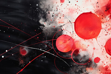 Abstract black and white background painting with red circles and watercolor splashes. Generative AI Image.