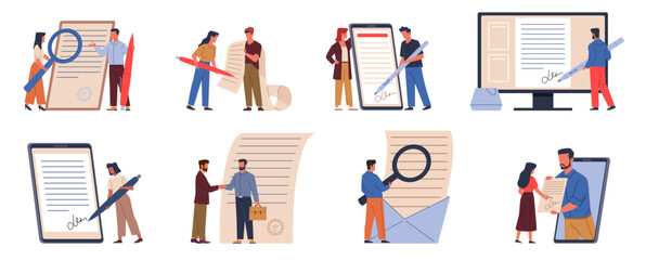 Persons sign documents. People conclude contracts, electronic and analog signatures, clerks, agents and clients. Digital and paper agreement cartoon flat style illustration, nowaday vector set