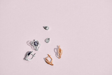 Elegant jewelry set. Jewellery set with gemstones. Jewelry accessories collage. Product still life concept. Ring, necklace and earrings.