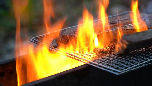 60f, barbecue and grill, camping, firewood, black, red, night