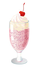 Realistic milkshake cocktails with strawberry flavour. Cool refreshing drink with whipped cream and cherry