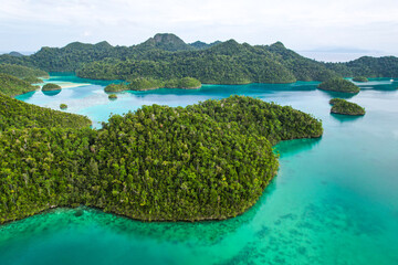 View from the top of the Wayag Islands. Blue Lagoon and limestone islands in remote archipelago. Raja Ampat, West Papua, Indonesia.
