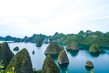 Fototapeta na wymiar View from the top of the Wayag Islands. Blue Lagoon with Green Rocks. Limestone islands in remote archipelago. Tower karst panorama. Raja Ampat, West Papua, Indonesia.