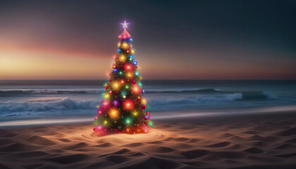 Beautiful christmas tree at the beach with lots of copy space