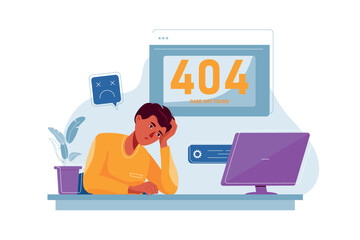 404 page not found concept with people scene in the flat cartoon design. An office worker is upset because he cannot open a website. Vector illustration.