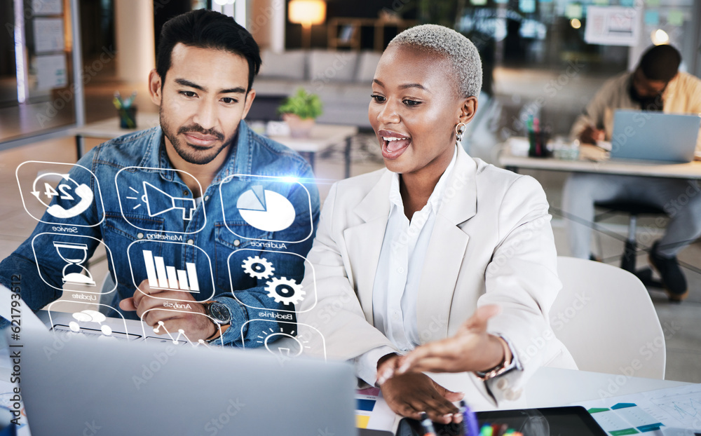Aufkleber business man, woman and laptop with hologram dashboard, app ux and web design for seo in startup off